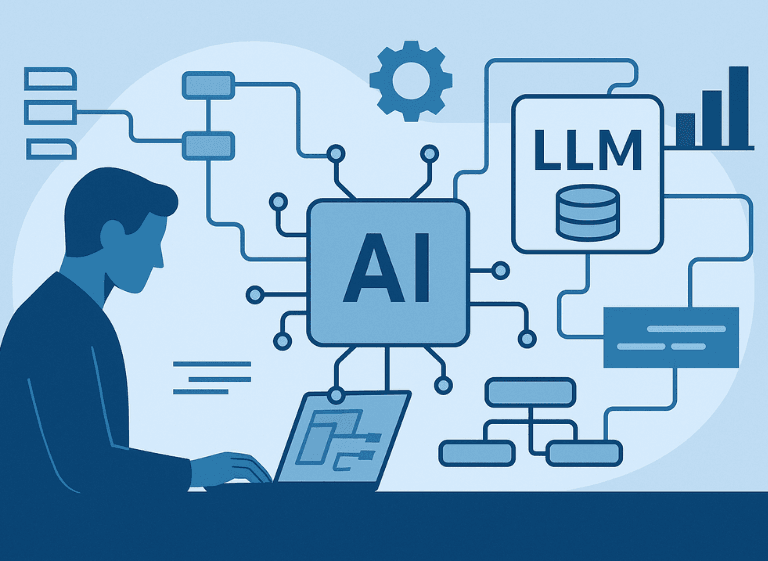 AI and LLM in B2B: Optimizing Business Processes with Custom Automation Solutions Diagram of AI and LLM integration in B2B business process automation, showing data flows and custom system components