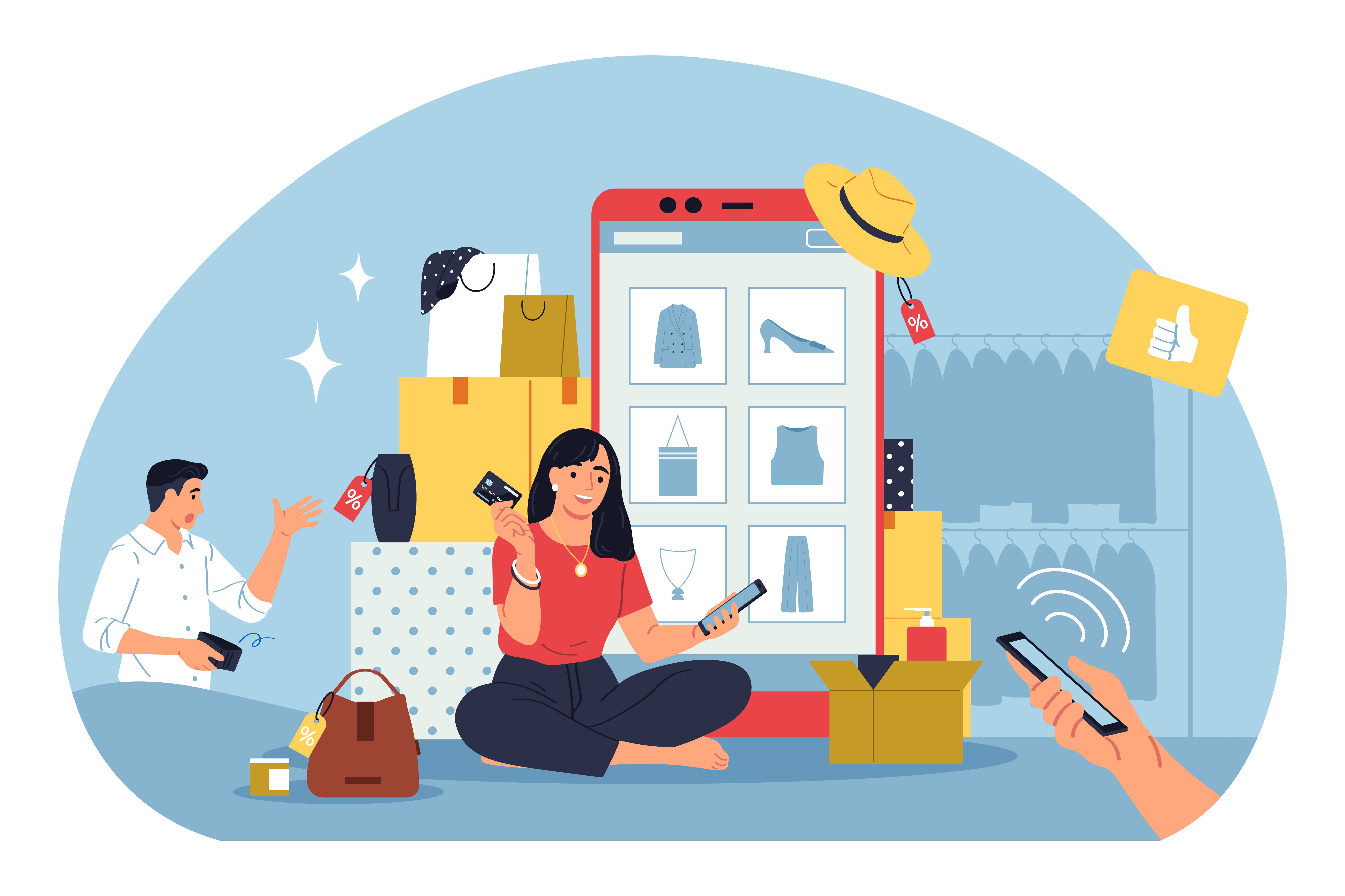 Illustration of a woman shopping online using a smartphone, surrounded by clothing, shoes, and accessories