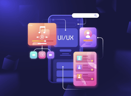 UI/UX design concept displayed on a mobile interface with vibrant floating elements