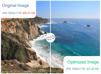 Side-by-side view showing original vs optimized image sizes and quality differences