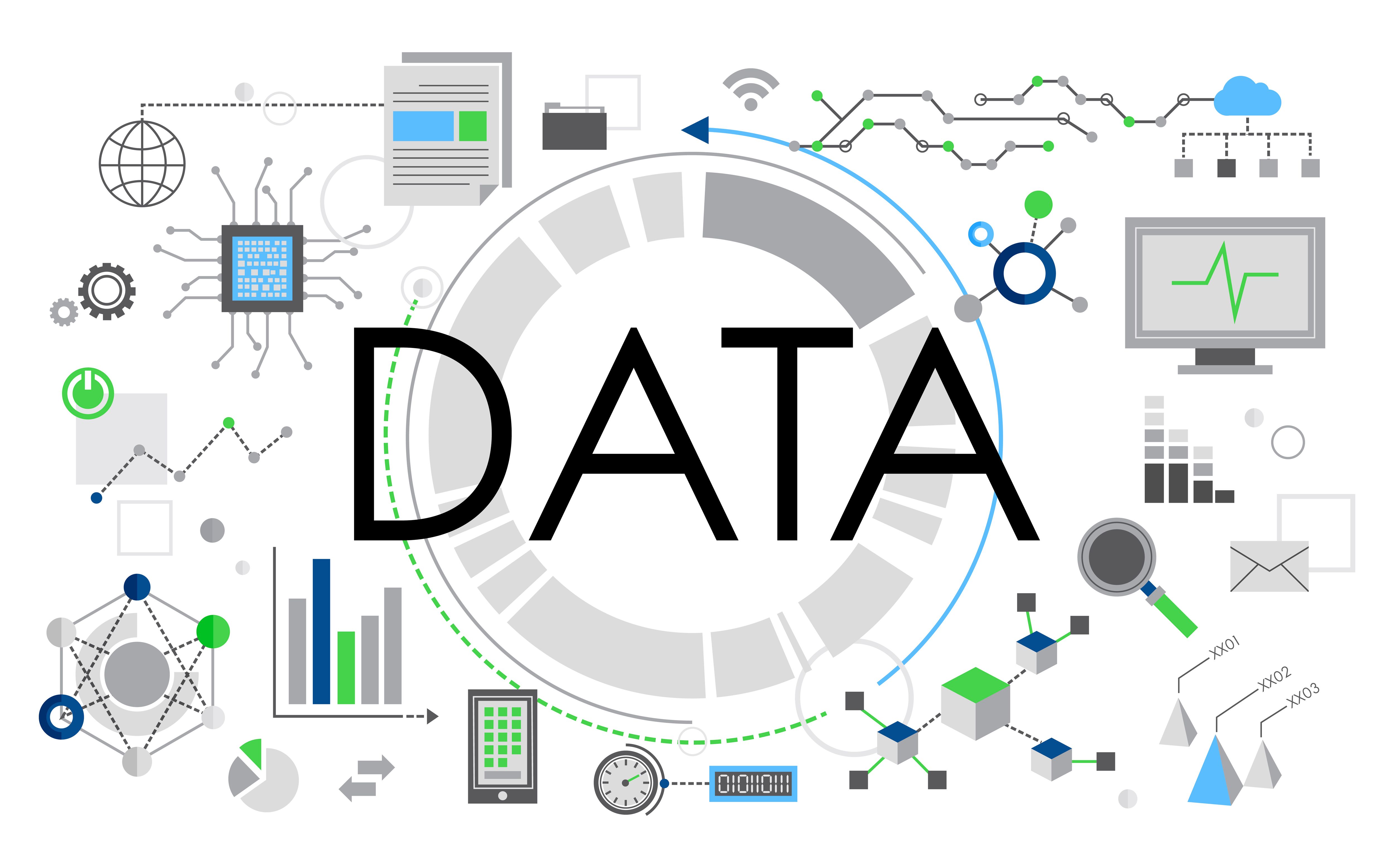 Illustration showcasing the concept of data with various interconnected digital icons such as graph, symbolizing data analytics and processing