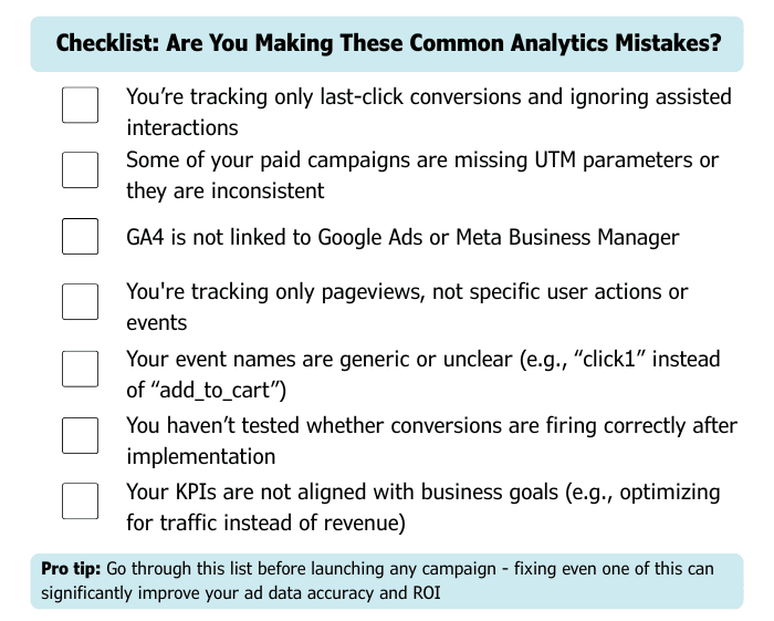 Checklist of common analytics mistakes in ad performance tracking, including missing UTM tags, last-click-only attribution, and misaligned KPIs