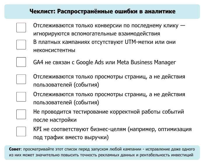 Чек-лист распространённых ошибок в аналитике: отсутствие UTM-меток, неправильная настройка событий, отслеживание только последних кликов и несоответствие KPI бизнес-целям.