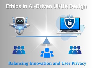 Robot, scale, shield, and users symbolize AI ethics and privacy balance