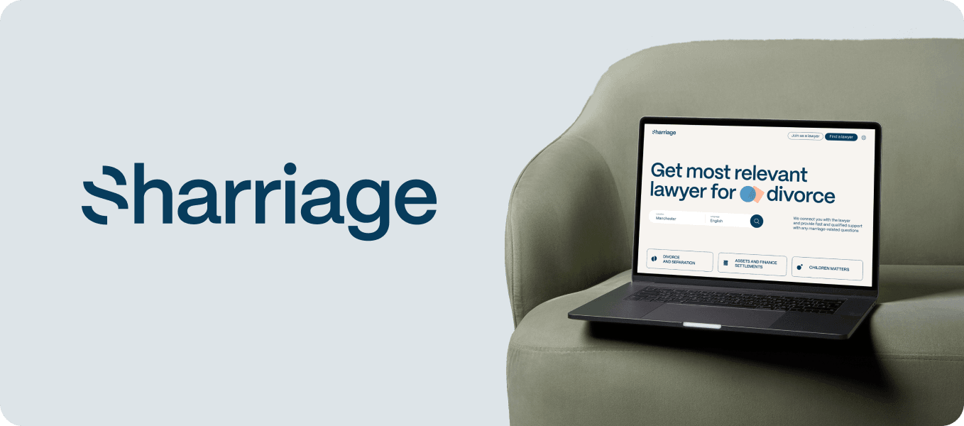 A laptop displaying the Sharriage platform interface, which helps users find relevant divorce lawyers