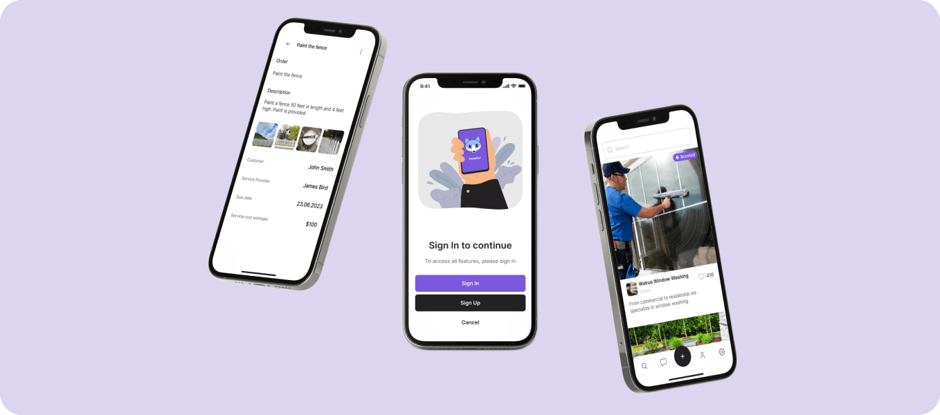 Three mobile screens showing different functions of the Howlur platform. From left to right: job order details, a sign-in screen, and a service provider listing