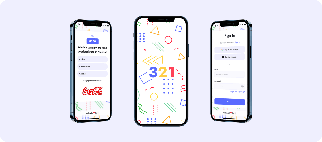 Three mobile screens showing the "321!" trivia game