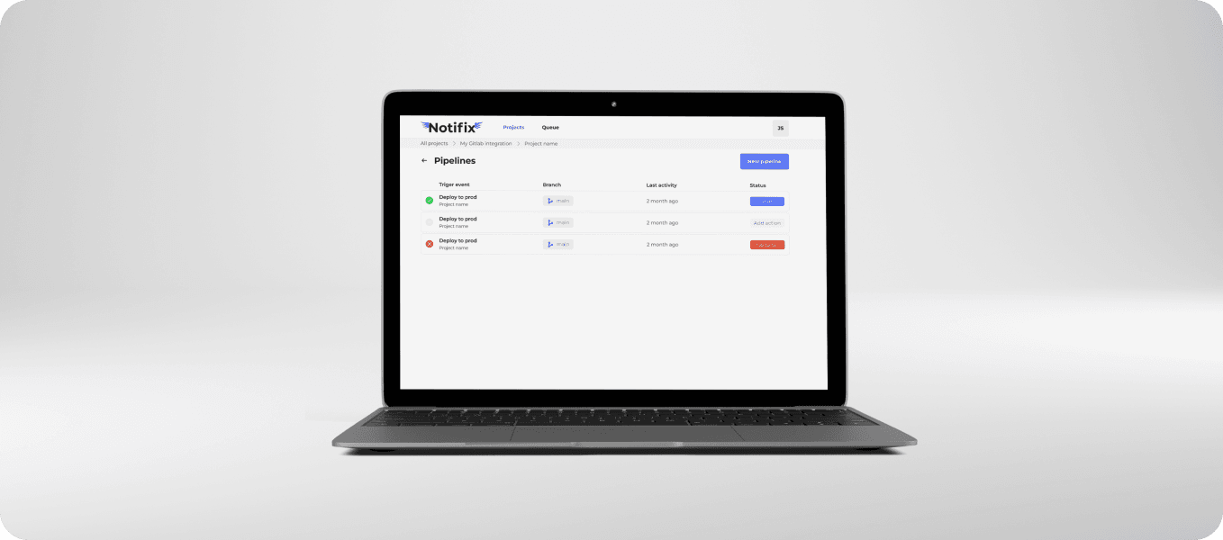 A laptop screen displaying the Notifix platform's project pipeline page. It shows a list of projects, each with trigger events, branches, and status updates