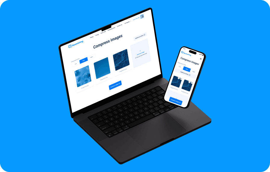 A laptop and smartphone display the "Squeezeimg" online tool interface for compressing images