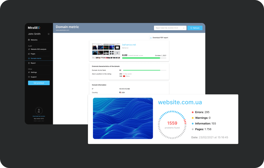 The MiraSEO platform showing domain metrics and website audit results