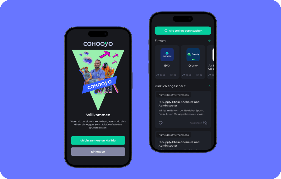 Two mobile screens displaying the Cohooyo platform. The left screen shows a welcome message, and the right screen shows job listings and company profiles