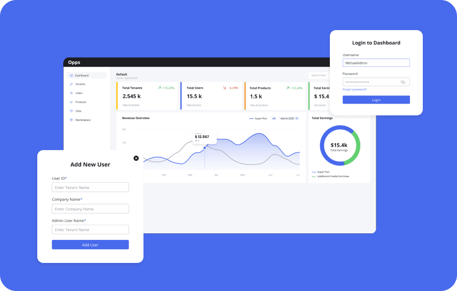 Screenshot of the Opps dashboard showing statistics such as total tenants, users, products, and earnings. Includes a login form and user creation form