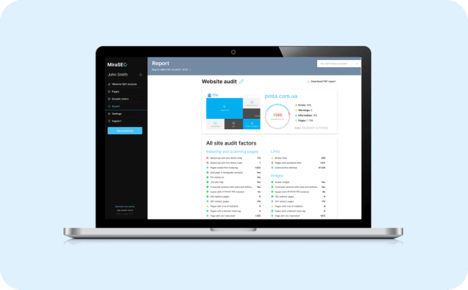 A laptop displaying the MiraSEO platform's website audit report for a domain