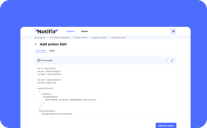 Screenshot of the Notifix platform's "Add action SSH" page. It shows code for an SSH server setup, including commands with functions and file paths