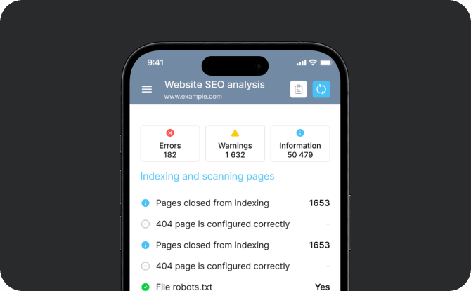 Mobile interface showing a "Website SEO analysis" dashboard with errors, warnings, and information displayed