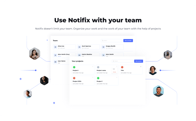 Notifix team collaboration interface showing user profiles and project management tools, demonstrating how teams can organize and manage work effectively