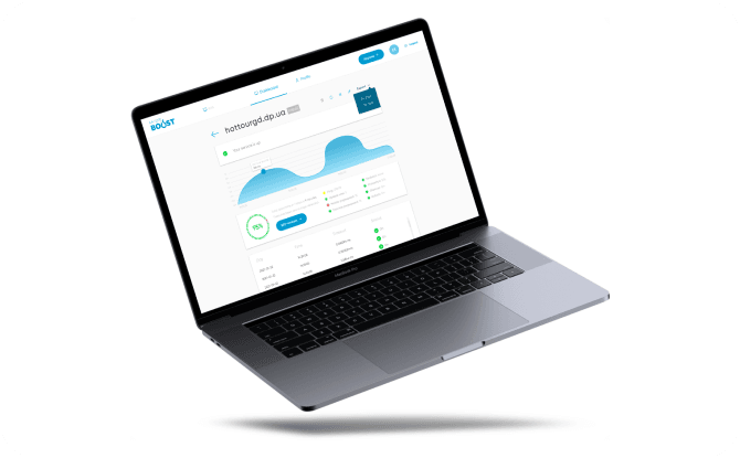 Laptop displaying the MySiteBoost website interface with a detailed SEO analysis dashboard for a website. The dashboard includes performance metrics and charts