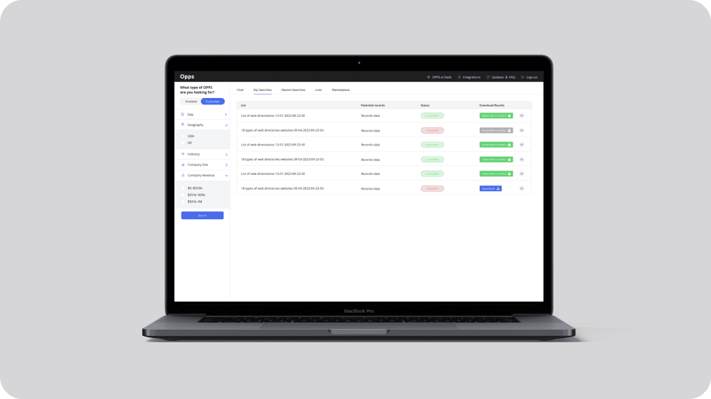 A screenshot of the Opps platform's dashboard displayed on a MacBook Pro