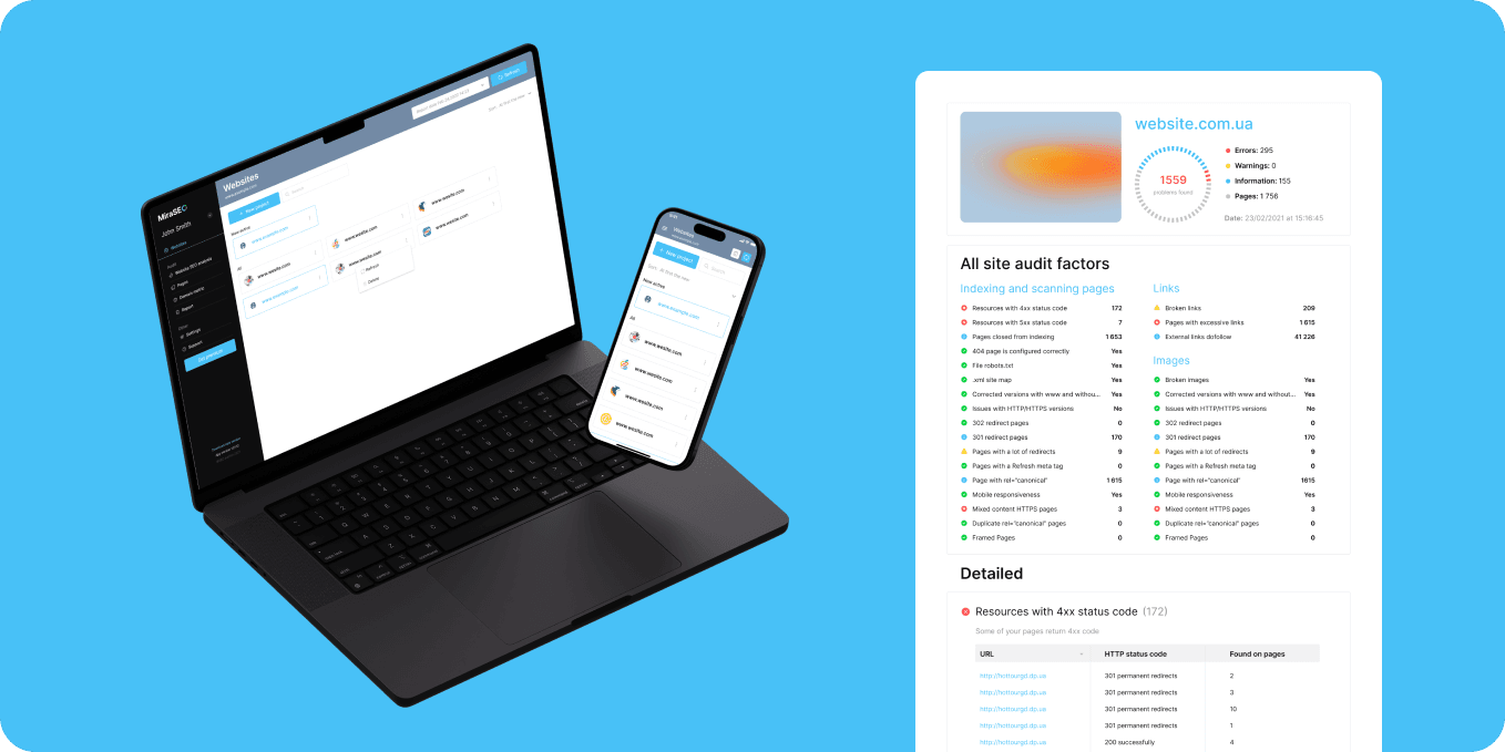 A laptop and smartphone displaying a MiraSEO audit interface, showing website audit details and statistics