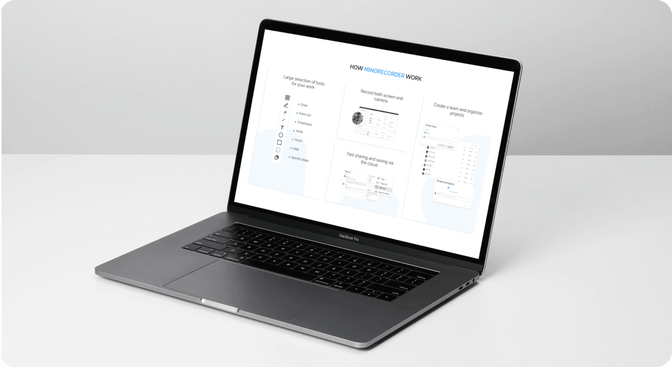 A MacBook Pro displaying the Mindrecorder platform, showing various tools such as drawing, screen recording, and team project organization features