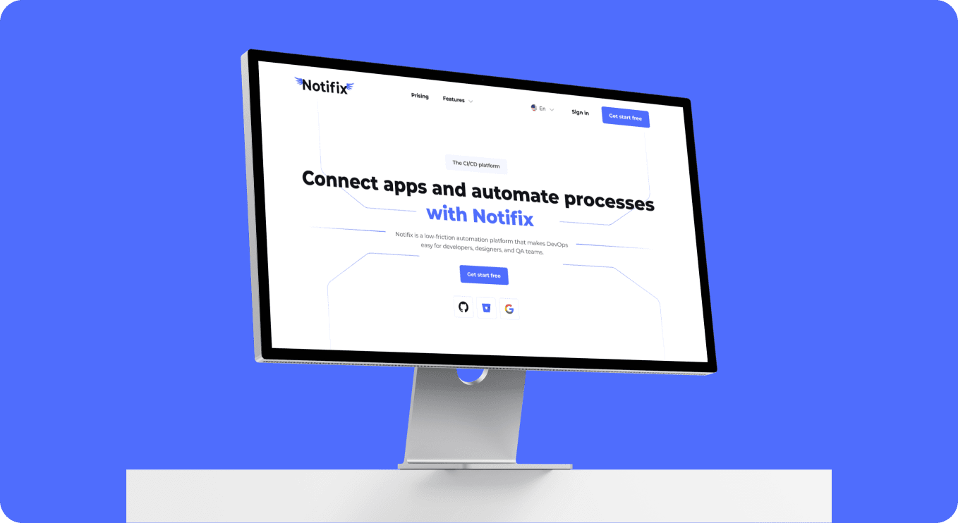 A computer monitor displaying the Notifix homepage with the tagline "Connect apps and automate processes