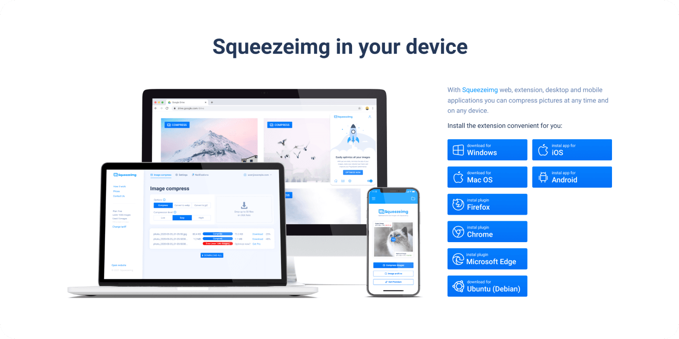 Squeezeimg web and mobile applications shown on a laptop, smartphone, and browser window