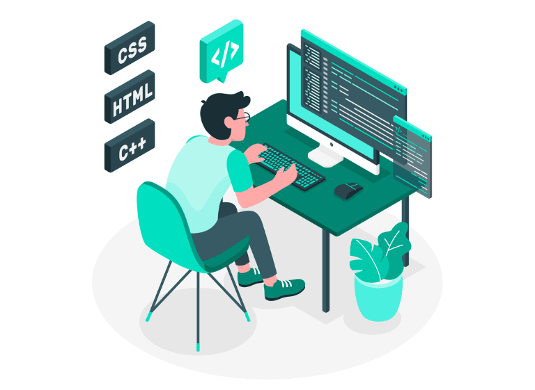 A backend developer working on server-side development, writing code for database management, API development, and web application architecture. The image represents key aspects of backend development, including SQL databases, NoSQL databases, backend frameworks, and cloud computing