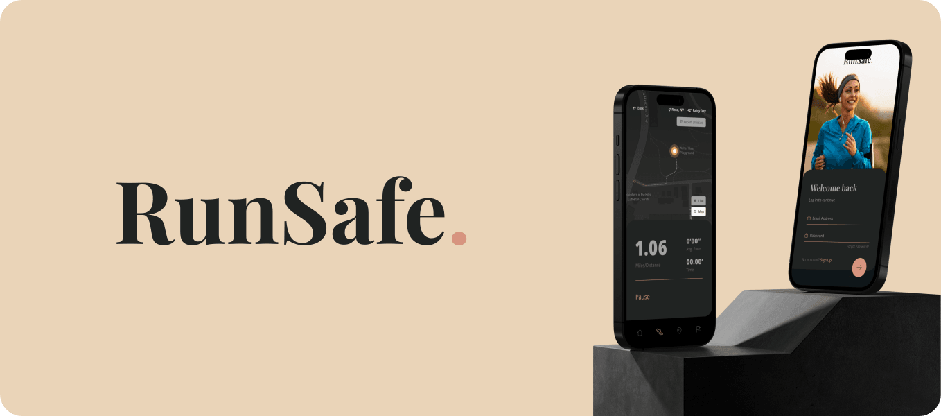 Two smartphones display the "RunSafe" mobile app, which tracks running distances and provides user login. The app ensures safety during running sessions