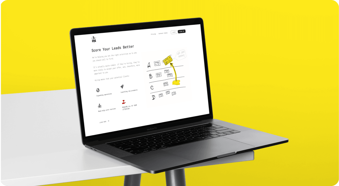 A laptop displaying the LeadsOtter platform's "Score Your Leads Better" 