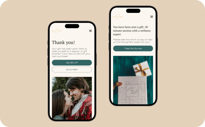 Two mobile screens displaying a confirmation and survey message from Token Space