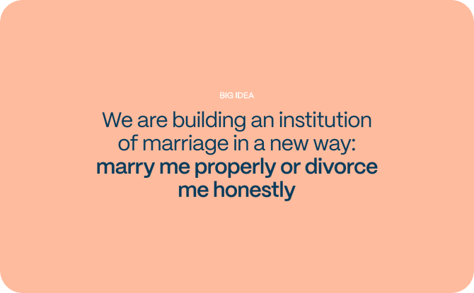 Sharriage platform's slogan displayed on a peach-colored background. It promotes the concept of marriage or divorce handled with integrity and honesty