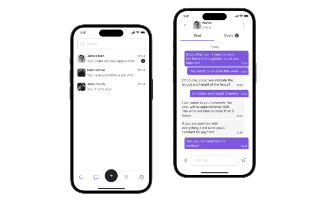 Howlur platform chat screen with user messages showing communication with clients about service tasks and order statuses