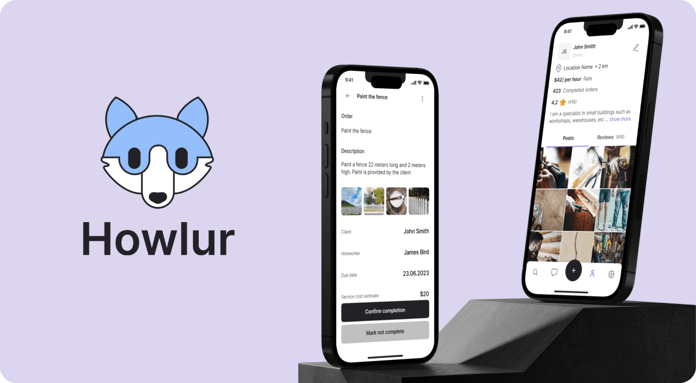 Howlur logo next to a phone screen showing a service order for "Paint the fence" and a professional's profile on the platform
