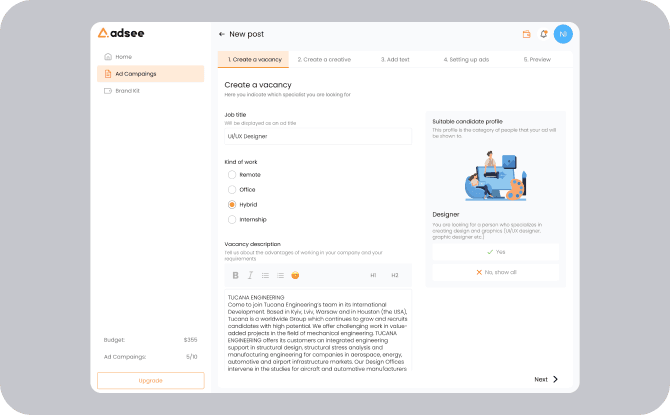 The interface of the Adsee platform displays a form for creating a job vacancy