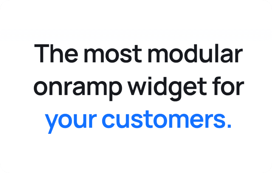 The most modular onramp widget for your customers" displayed in bold black and blue text, showcasing Uniramp Widget's customizable user-friendly solution