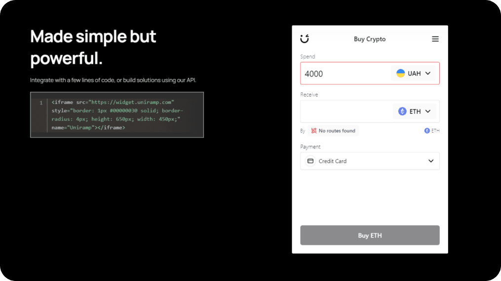 Screenshot showing the Uniramp Widget interface for purchasing cryptocurrency. The left side of the image contains code for embedding the widget using an iframe