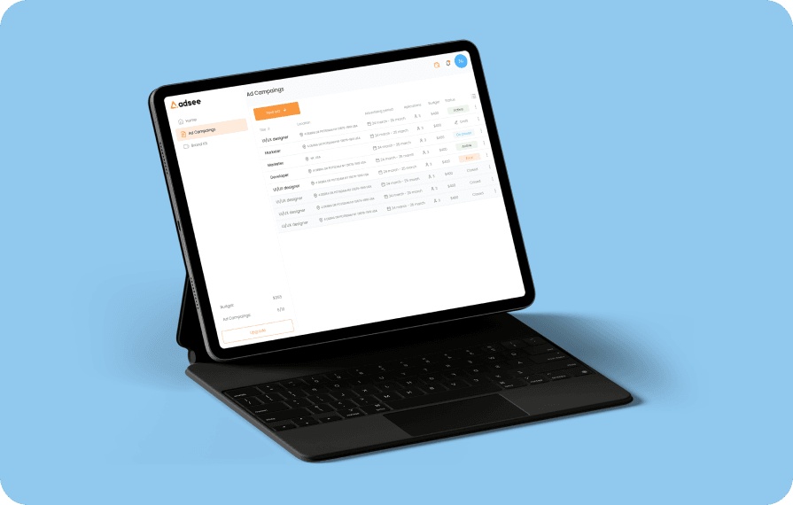 A tablet displaying the Adsee platform with an active ad campaign management dashboard. The screen shows a list of ad campaigns with various statuses and metrics