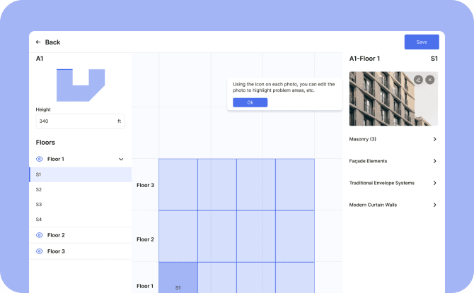 Derma platform displaying different building floors and façade elements for A1 Floor 1, with options for editing photos of specific areas