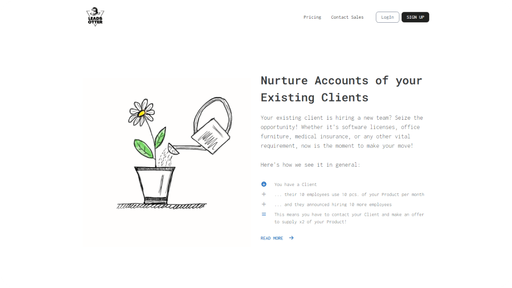 Illustration of watering a growing plant symbolizing nurturing client relationships on LeadsOtter platform, emphasizing expanding client services