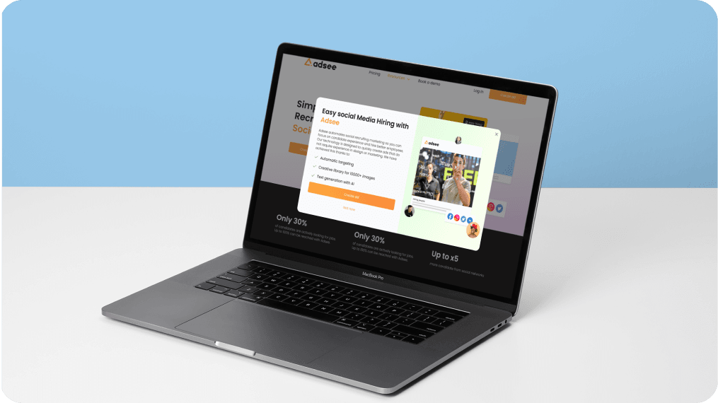MacBook screen displaying Adsee platform with a pop-up for easy social media hiring, offering automated campaigns and creative designs for recruiting