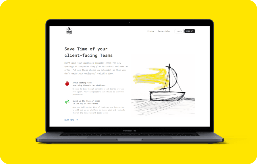 A laptop displaying the LeadsOtter platform, showcasing a solution to save time for client-facing teams by automating checks for job openings and leads