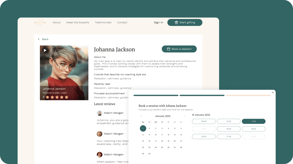 A user interface on the Token Space platform displaying a coach's profile, "Johanna Jackson," featuring her bio, reviews, and a booking calendar