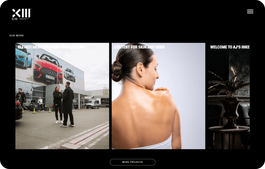 C13 website showing three featured projects, including a Mercedes-AMG production, a skincare and wellness campaign, and a stylish interior design