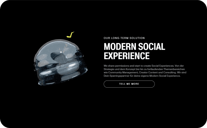 A black background with a futuristic spherical object on the left, and bold text on the right promoting a modern social experience for community 