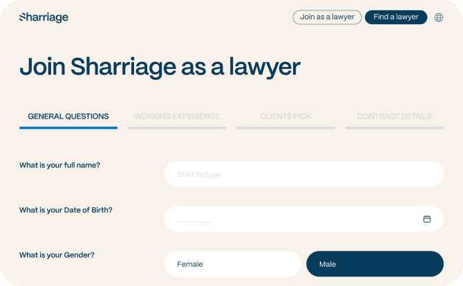 Sharriage platform lawyer sign-up form displaying fields for full name, date of birth, and gender options to join as a lawyer on the platform