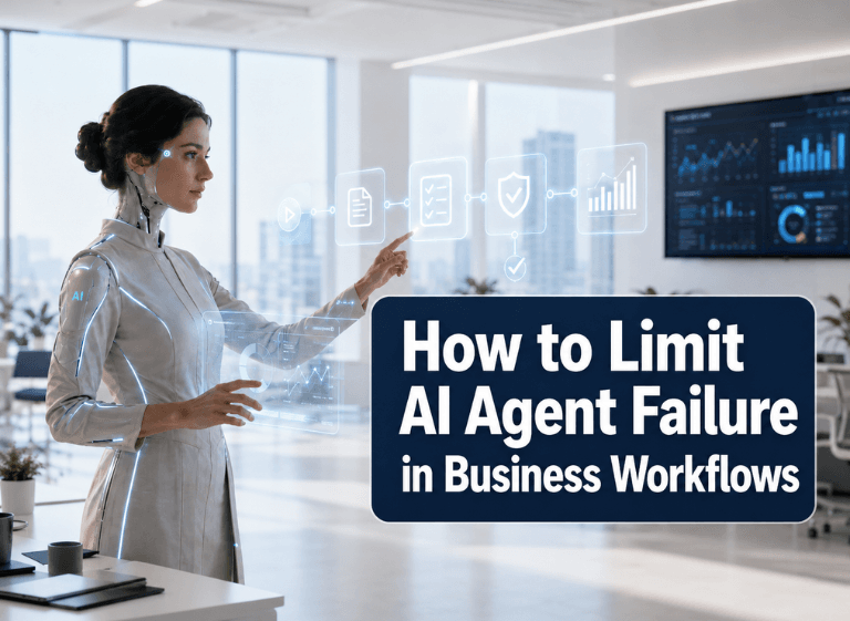 AI Agent Failure in Business Workflows Futuristic AI agent controlling workflow checks, guardrails, and business process risks in a modern office