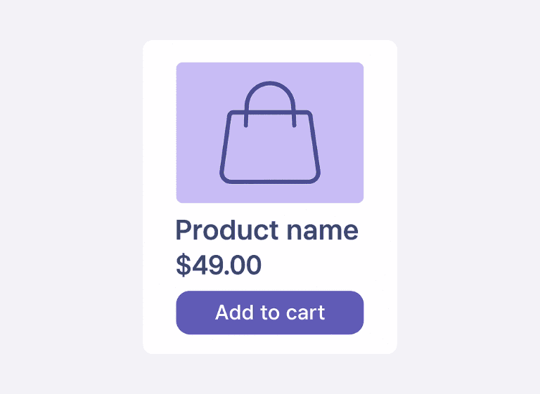 Minimalist product card showing a bag icon, product name, price, and "Add to cart" button grouped closely to illustrate the proximity principle in UI design