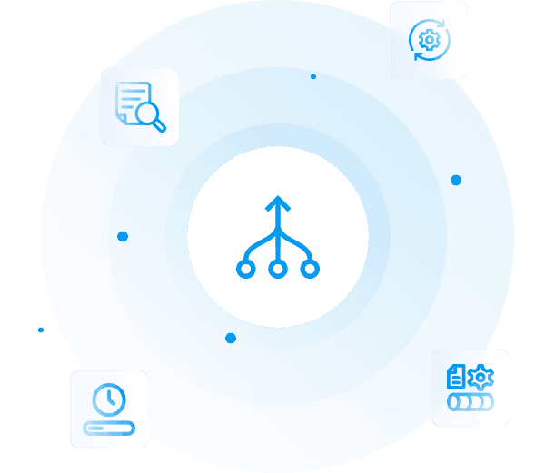 An icon of a network or flowchart diagram in the center, symbolizing a branching structure. Surrounding it are smaller icons, all in a blue theme 