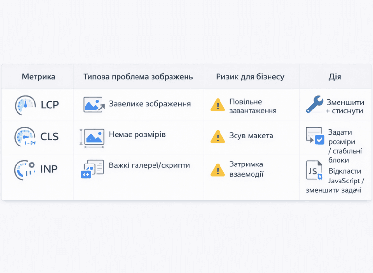 Таблиця впливу зображень на Core Web Vitals: LCP, CLS та INP, типові проблеми, бізнес-ризики та дії для оптимізації