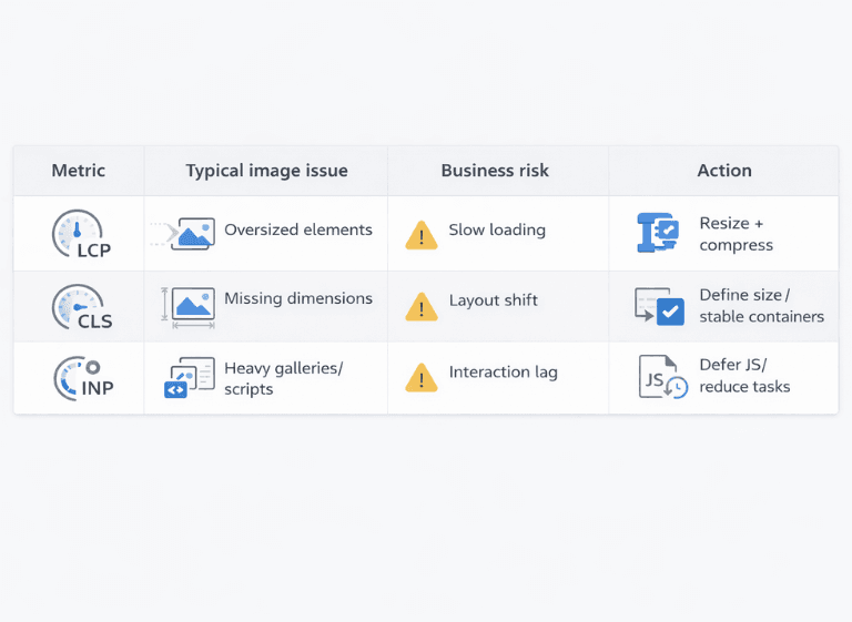 Core Web Vitals image mapping: LCP, CLS, INP issues, business risks, and recommended actions